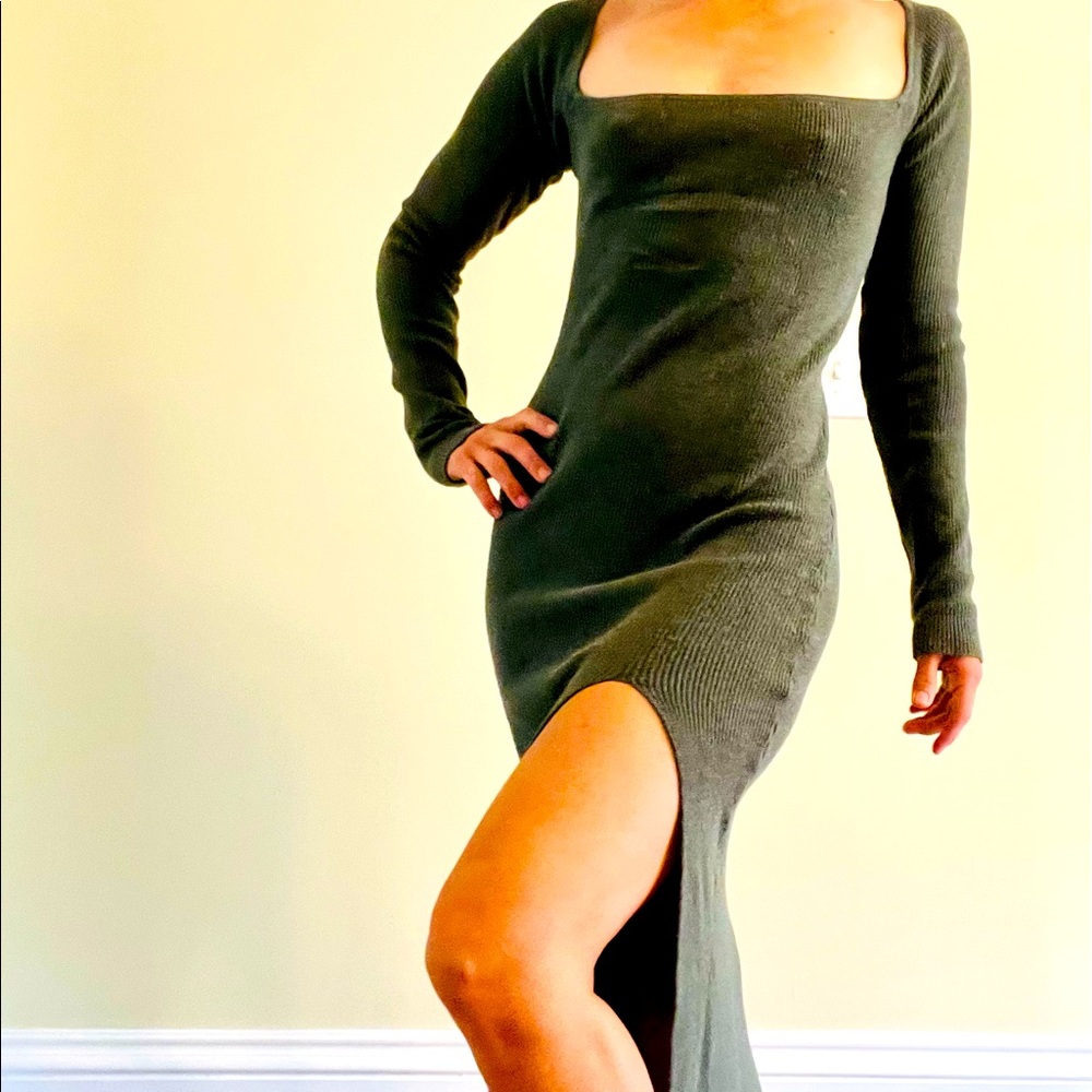 Sage Green long sweater dress with above the knee slit